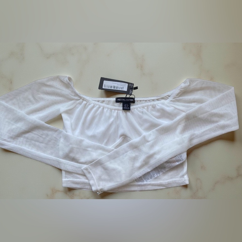White Mesh Bardot Crop Top | US 2 | Coquette Balletcore | NWT - Picture 3 of 10